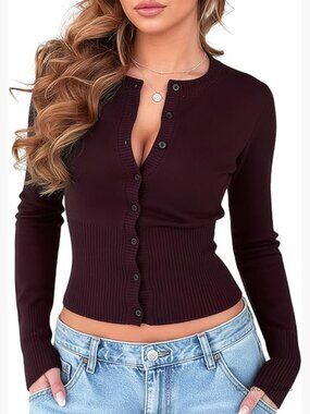 Lightweight Knit Cropped Cardigan Sweater Crew Neck Long Sleeve Button Open